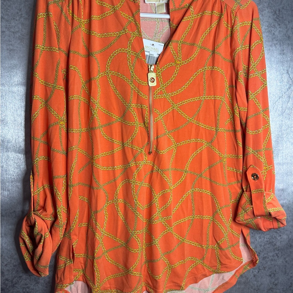 Michael Kors Orange and Gold Chain Print 3/4 zip down Blouse dress shirt S NWT